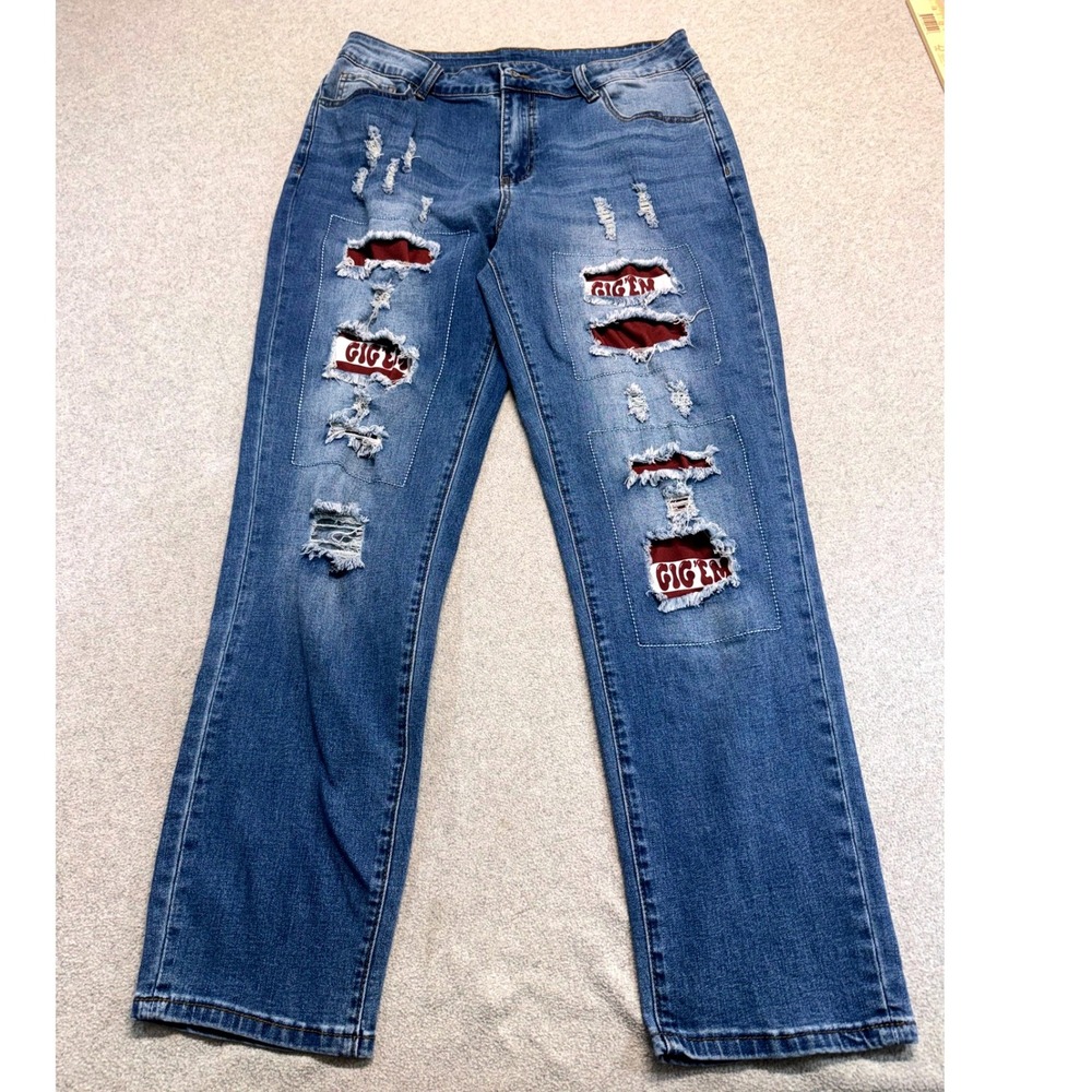 Texas A&M Aggies Custom Distressed Jeans Size 12 Gig Em Patchwork Denim Game Day